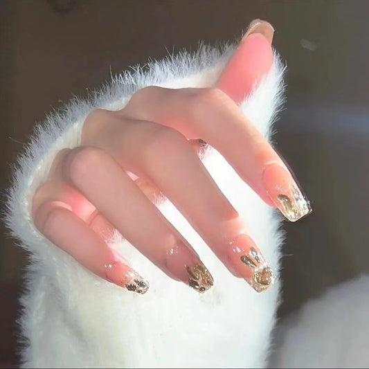 Long Gold Bunny Head Press-On Nails