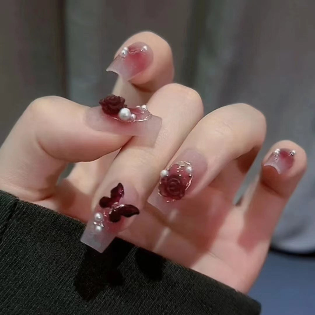 Burgundy Camellia Press-On Nails